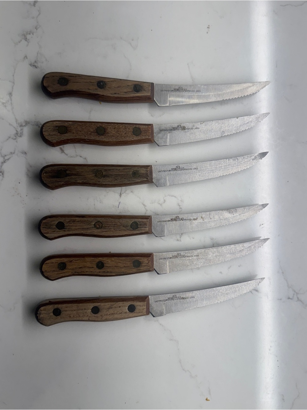 6 MCM Old Homestead Serrated Blade Steak Knives Knife Wood Handle